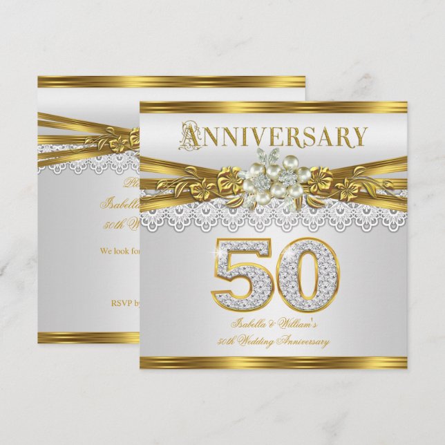 Invitation Fête du 50e anniversaire de mariage perle blanche  (Devant / Derrière)