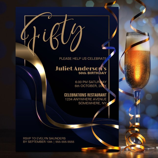 Invitation Fête du 50e anniversaire du Blue Gold moderne (Créateur téléchargé)