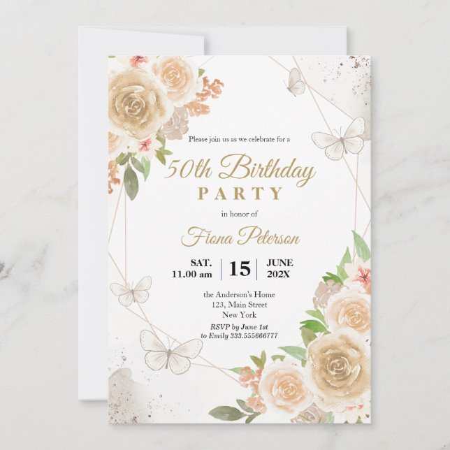 Invitation Fête du 50e anniversaire Elégant fleuri (Devant)
