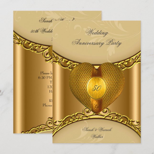 Invitation Fête du 50e Anniversaire Élégant Or Cœur Doré (Devant / Derrière)