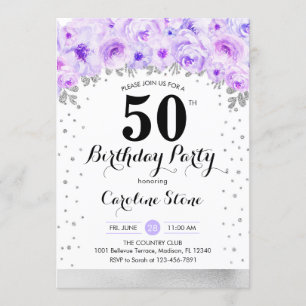 Invitation Fête du 50e anniversaire - Fleurs violettes argent