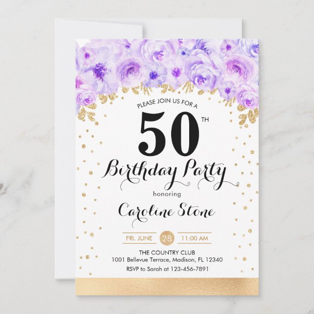 Invitation Fête du 50e anniversaire - Gold Purple Flowers (Devant)