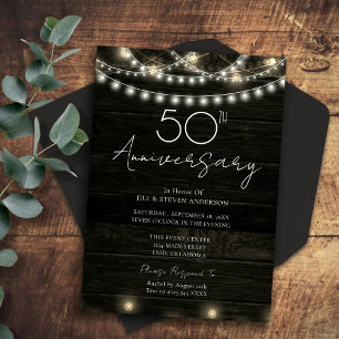 Invitation Fête du 50e anniversaire Lumières en bois rustique