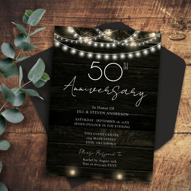 Invitation Fête du 50e Anniversaire Lumières en Bois Rustique (Créateur téléchargé)