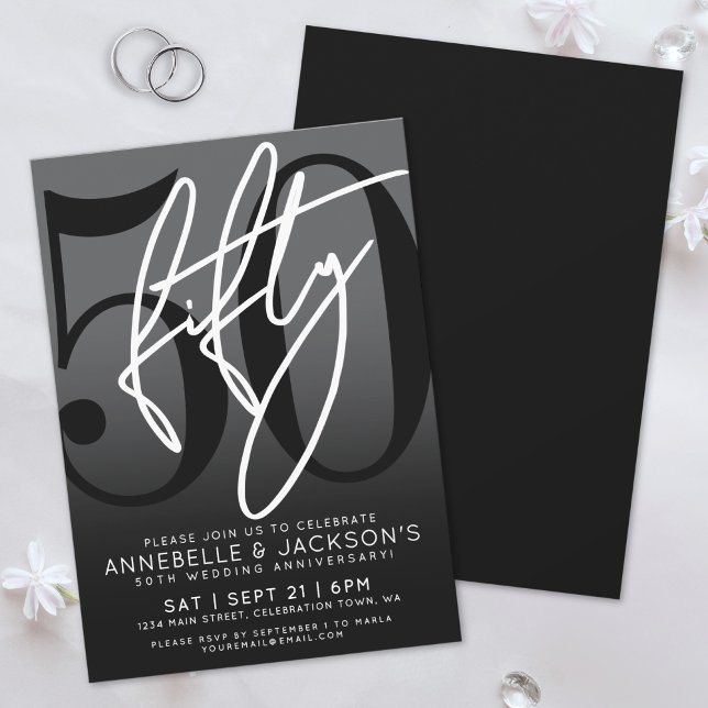 Invitation Fête du 50e anniversaire noir blanc (Black White 50th Anniversary Party Invitation)