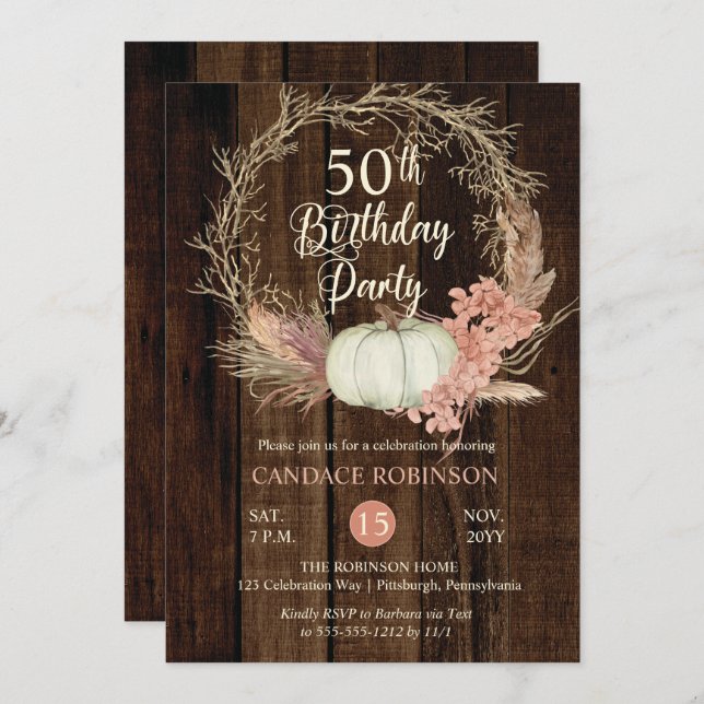 Invitation Fête du 50e anniversaire - Pampas Rustique Citroui (Devant / Derrière)