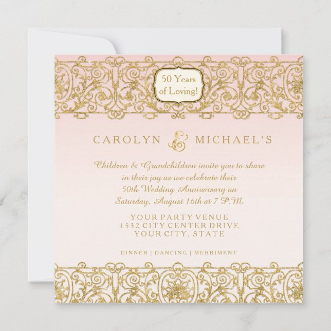 Invitation Fête du 50e anniversaire Rose Gold Art Déco Nouvea (Dos)