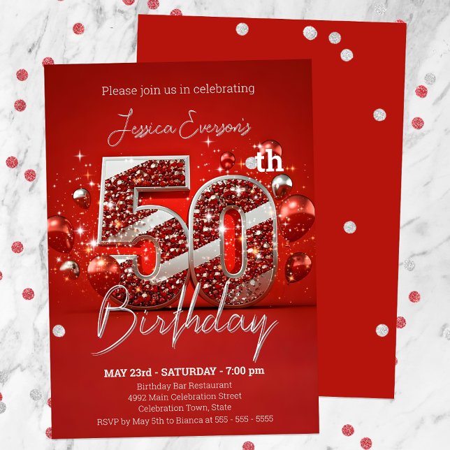 Invitation Fête du 50e anniversaire, rouge et argent chatoyan (Créateur téléchargé)