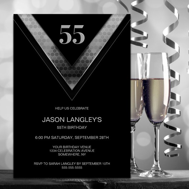 Invitation Fête du 55e anniversaire de l'argent noir moderne (Créateur téléchargé)