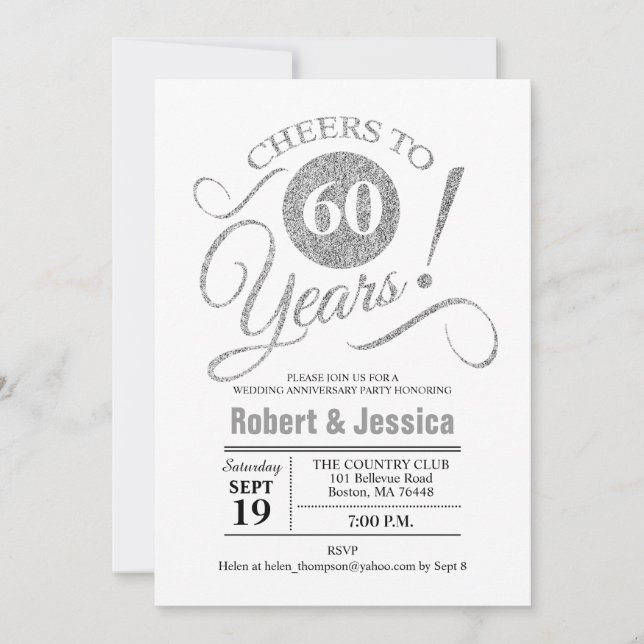 Invitation Fête du 60e Anniversaire de Mariage - Blanc Argent (Devant)