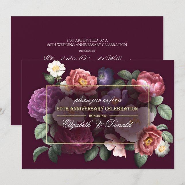 Invitation Fête du 60e Anniversaire de Mariage Vintage Floral (Devant / Derrière)