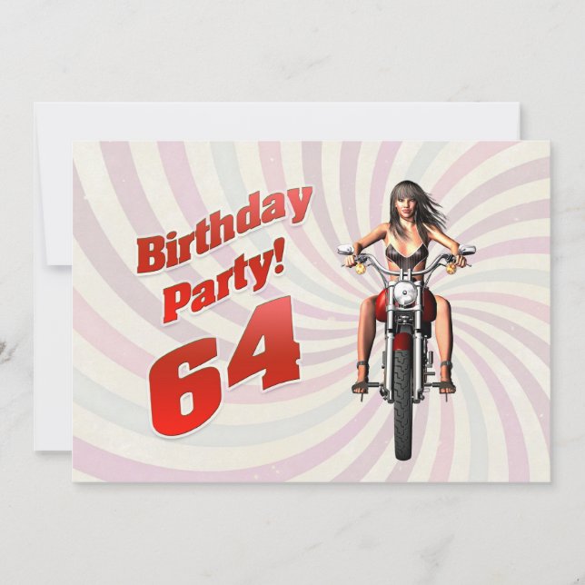 Invitation Fête du 64e anniversaire avec une fille sur une mo (Devant)