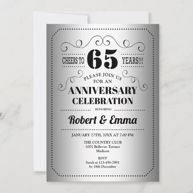 Invitation Fête du 65e anniversaire de mariage - Noir argenté (Devant)
