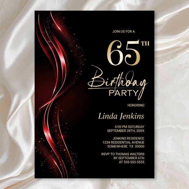 Invitation Fête du 65e anniversaire, noir et rouge élégant (Créateur téléchargé)