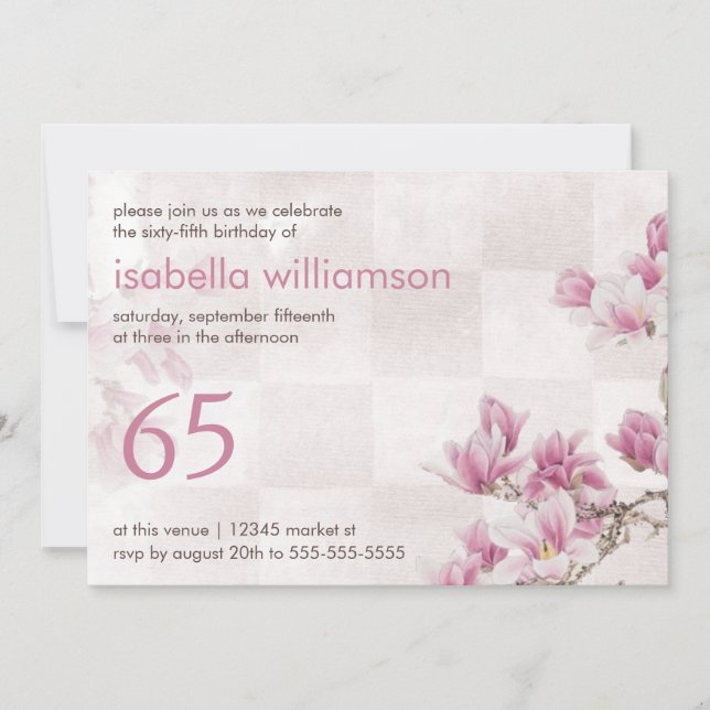 Invitation Fête du 65ème anniversaire de la femme | Mauve Mag (Devant)