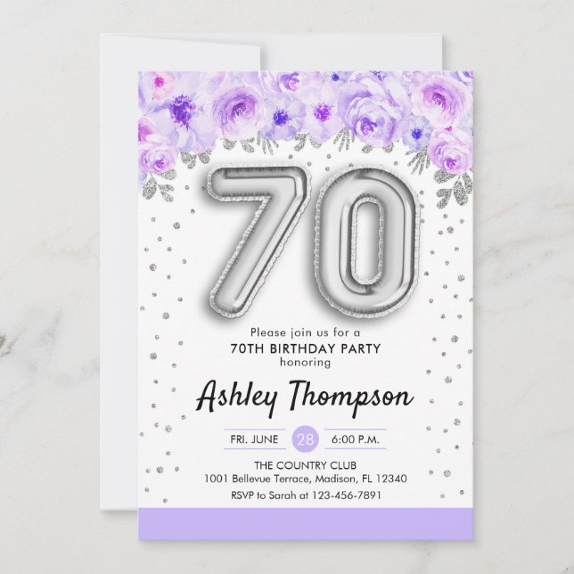 Invitation Fête du 70e anniversaire - Ballons d'argent violet (Devant)