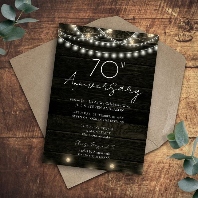 Invitation Fête du 70e Anniversaire Lumières en Bois Rustique (Créateur téléchargé)