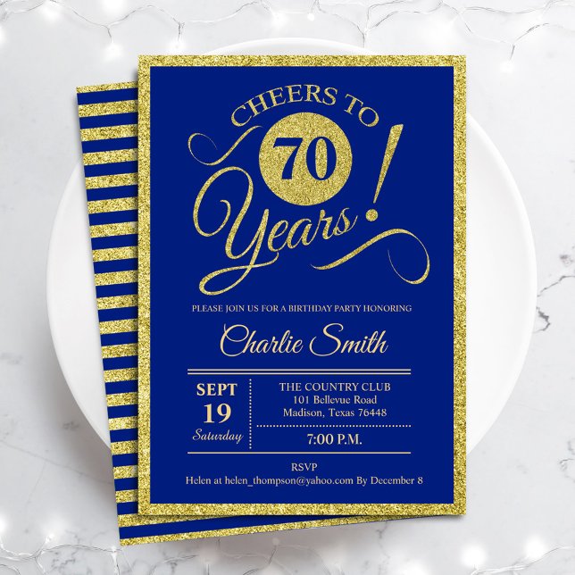 Invitation Fête du 70e anniversaire - TOUT AGE Royal Blue Gol (Créateur téléchargé)