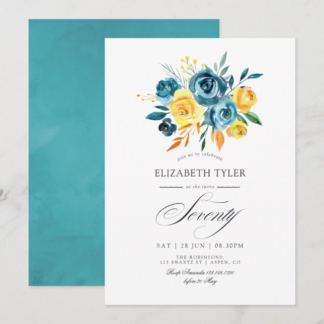 Invitation Fête du 70e anniversaire Turquoise et Jaune (Devant / Derrière)