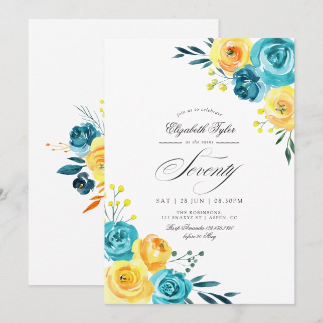 Invitation Fête du 70e anniversaire Turquoise et Jaune (Devant / Derrière)