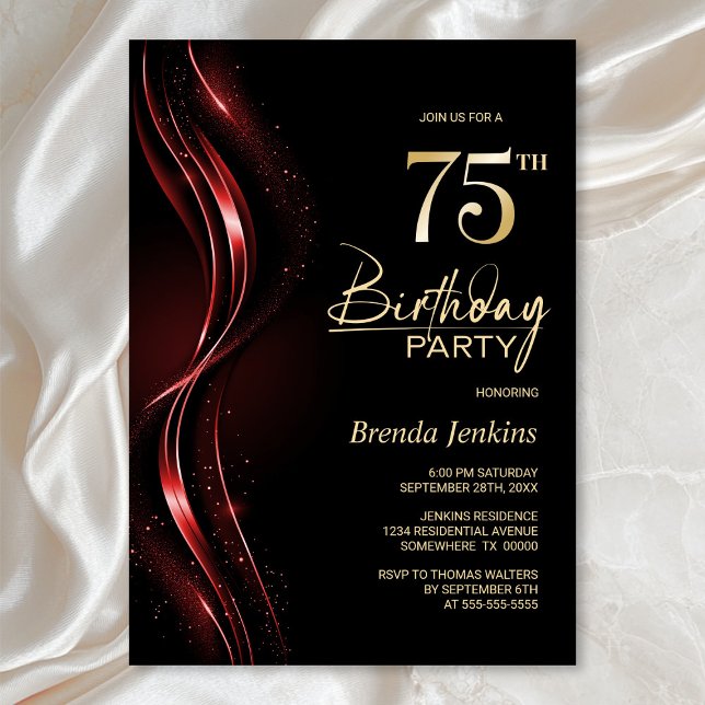 Invitation Fête du 75e anniversaire, noir et rouge élégant (Créateur téléchargé)