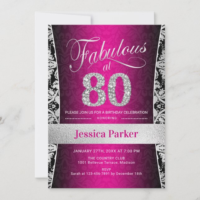 Invitation Fête du 80e anniversaire - Argent rose noir (Devant)