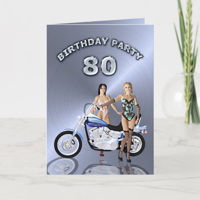 Invitation Fête du 80e anniversaire avec une fille et moto (Devant)