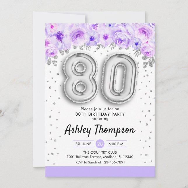 Invitation Fête du 80e anniversaire - Ballons d'argent violet (Devant)