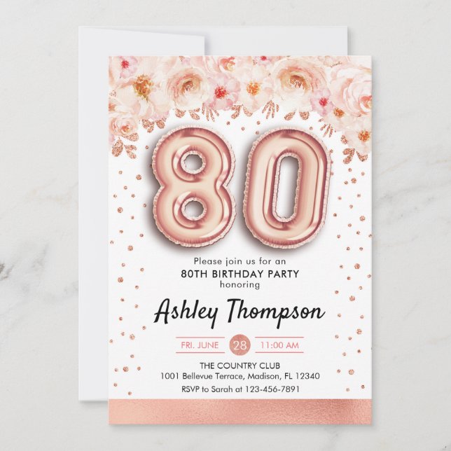 Invitation Fête du 80e anniversaire - Ballons d'or Rose (Devant)