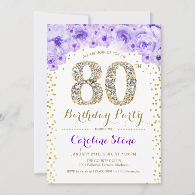 Invitation Fête du 80e anniversaire - Blanc Gold violet (Devant)