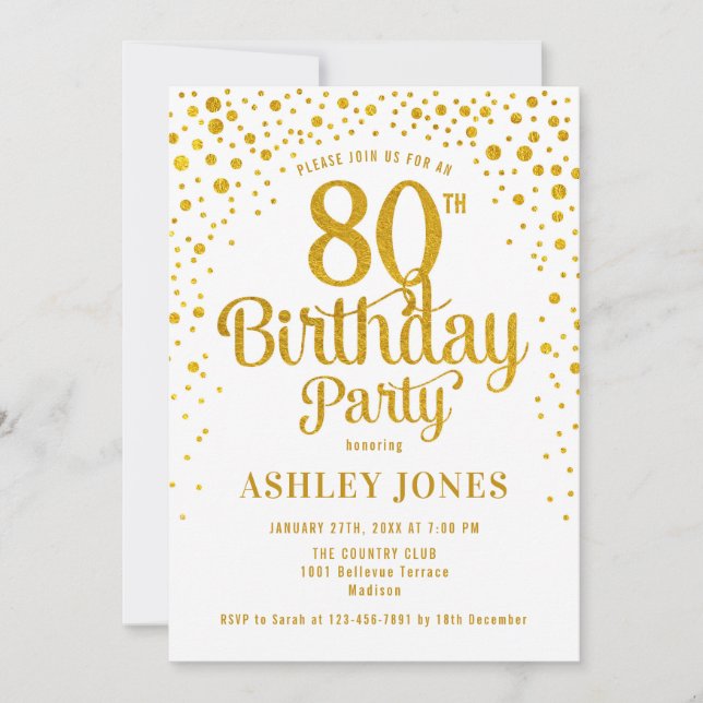 Invitation Fête du 80e anniversaire - Blanc & Or (Devant)