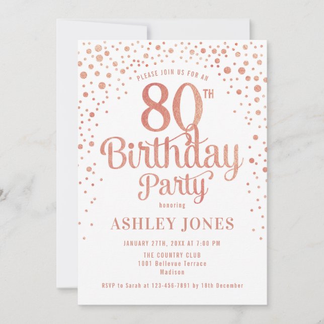 Invitation Fête du 80e anniversaire - Blanc & Rose Gold (Devant)