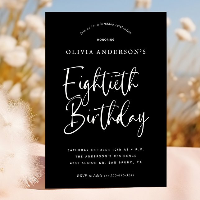 Invitation Fête du 80e anniversaire | Blanc sur la typographi (Créateur téléchargé)