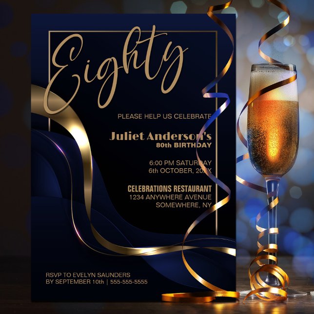 Invitation Fête du 80e anniversaire du Blue Gold moderne (Créateur téléchargé)