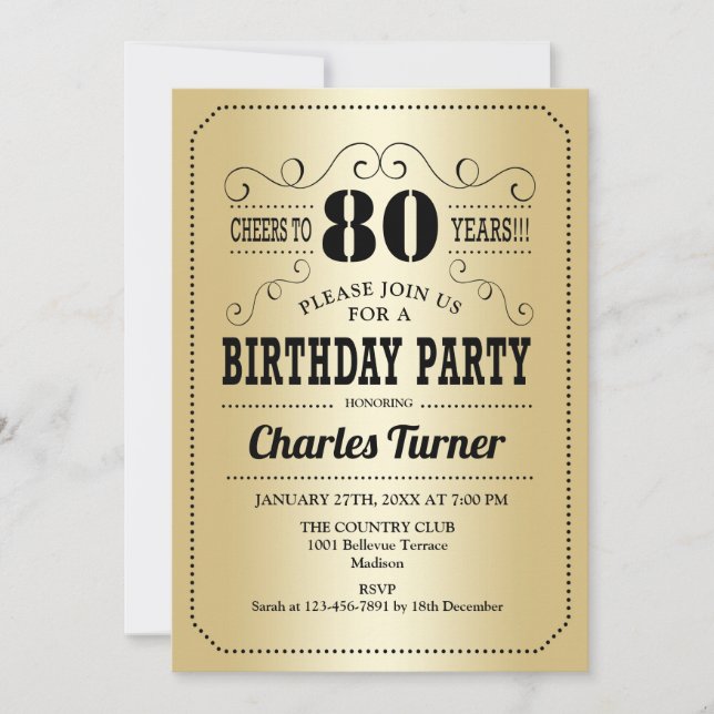 Invitation Fête du 80e anniversaire - Gold Black (Devant)