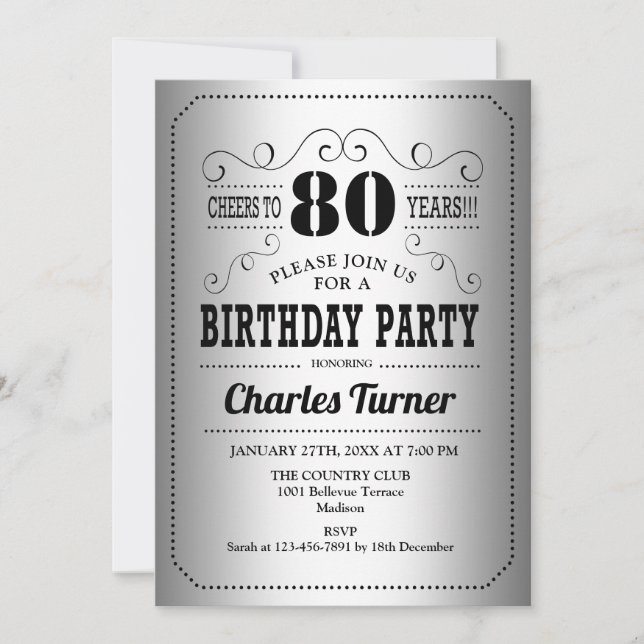 Invitation Fête du 80e anniversaire - Noir d'argent (Devant)