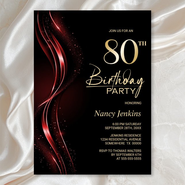 Invitation Fête du 80e anniversaire, noir et rouge élégant (Créateur téléchargé)