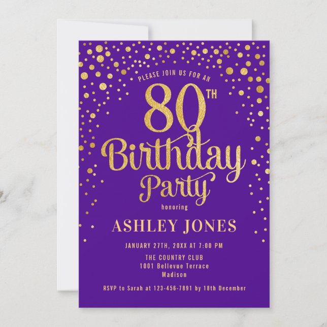 Invitation Fête du 80e anniversaire - Purple & Gold (Devant)