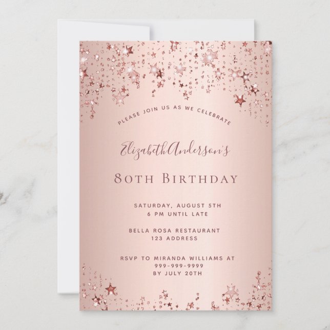 Invitation fête du 80e anniversaire rose or étoiles saupoudre (Devant)