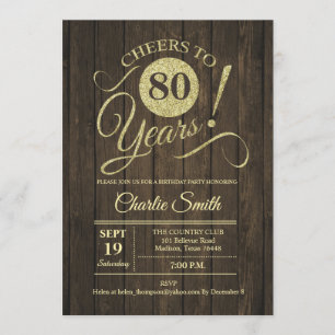Invitation Fête du 80e anniversaire - Rustic Wood Gold