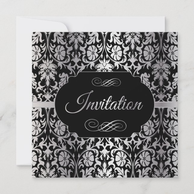 Invitation Fête du 85e anniversaire | Argent et noir Damas (Devant)