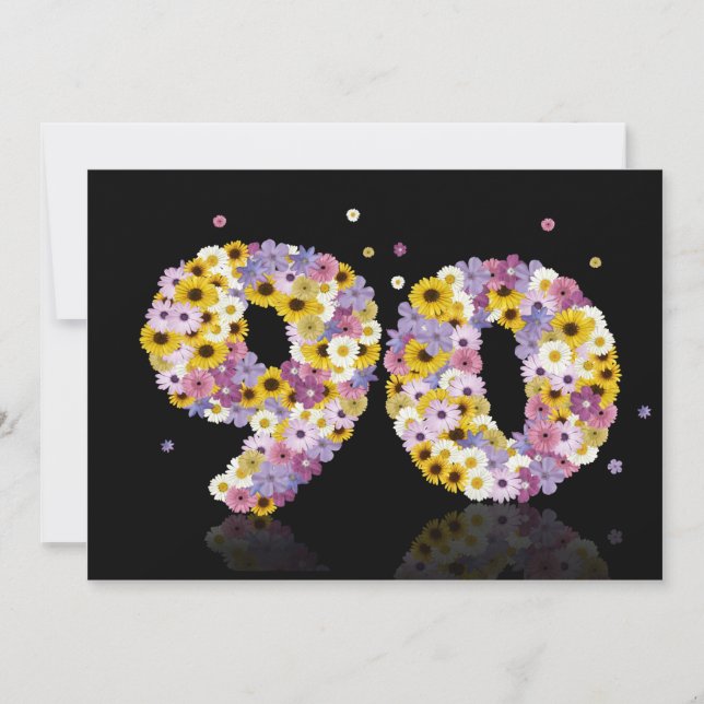 Invitation Fête du 90e anniversaire, avec des lettres fleurie (Devant)