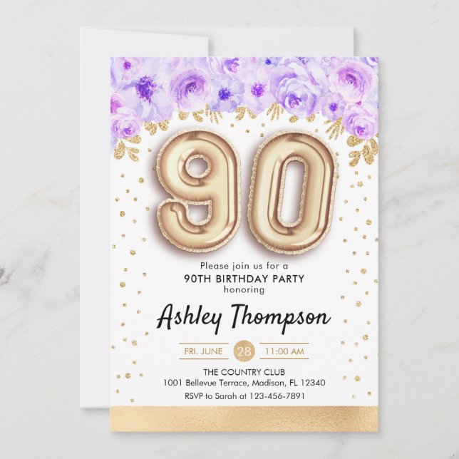 Invitation Fête du 90e anniversaire - Ballons d'or violet (Devant)
