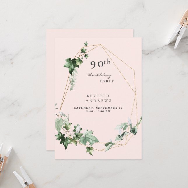 Invitation Fête du 90e anniversaire Elégant Foliage Champagne (Devant/Arrière en situation)