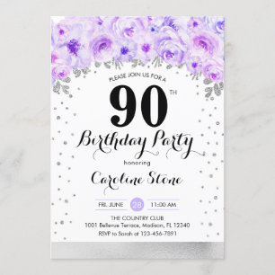 Invitation Fête du 90e anniversaire - Fleurs violettes argent