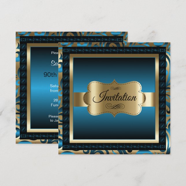 Invitation Fête du 90e anniversaire | Métal bleu et or (Devant / Derrière)