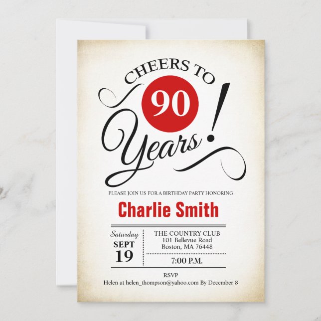 Invitation Fête du 90e anniversaire - Noir Rouge Blanc (Devant)