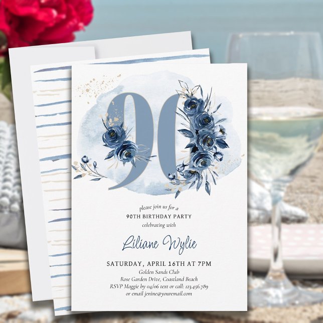 Invitation Fête du 90e anniversaire Nombre floral bleu côtier (Créateur téléchargé)