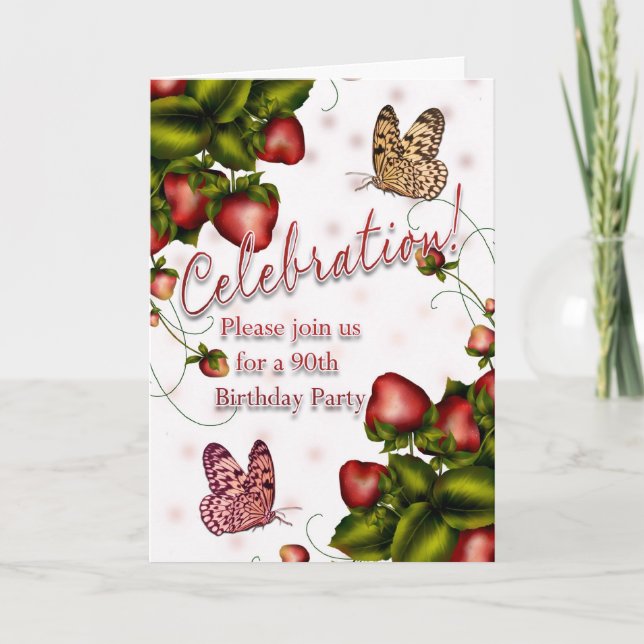 Invitation Fête du 90e anniversaire - Papillon et fraise Inv (Devant)