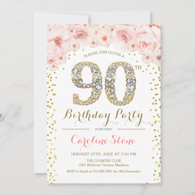 Invitation Fête du 90e anniversaire - Rose or blanc (Devant)